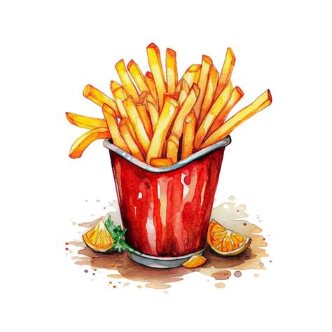 Uma Aquarela Batatas Fritas Ketchup Foto Premium