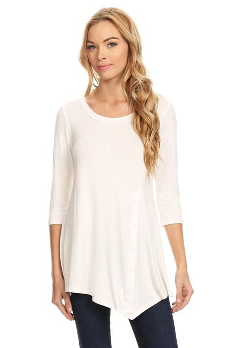 Womens White Tunic Top Long Asymmetric Side Button Shirt S M L 1xl