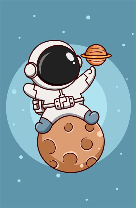 Lindo Astronauta En La Luna Con El Planeta Saturno Ilustraci N De