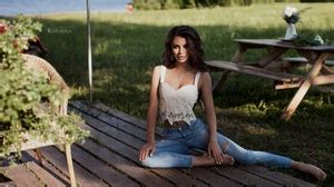 Olesya Kravchenko Women Model Brunette White Tops Jeans Torn Jeans