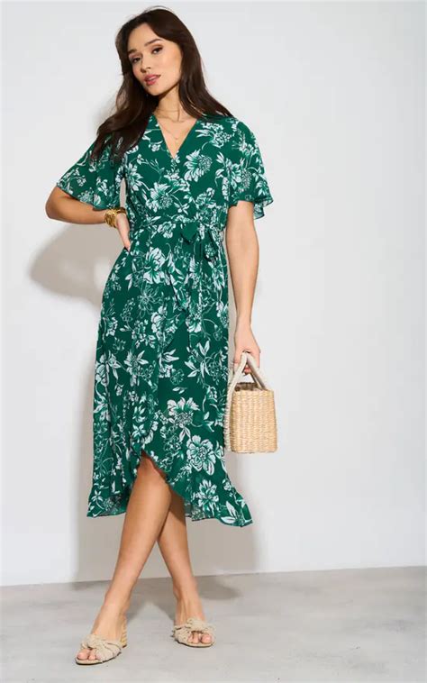 Floral Wrap Midi Dress With Frill Detail In Green Mela London