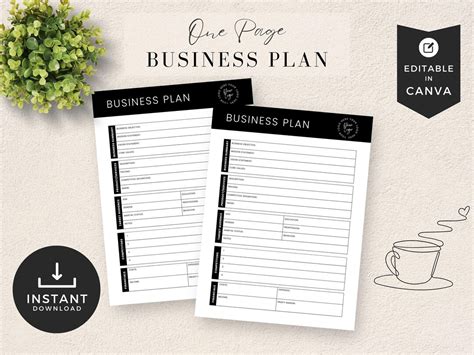 One Page Business Plan Template, INSTANT DOWNLOAD, Printable Startup ...