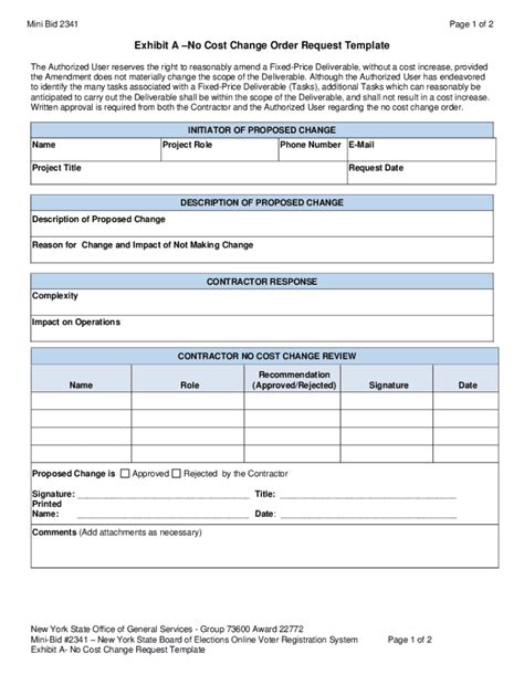 Fillable Online Ogs Ny Exhibit A No Cost Change Order Request Template