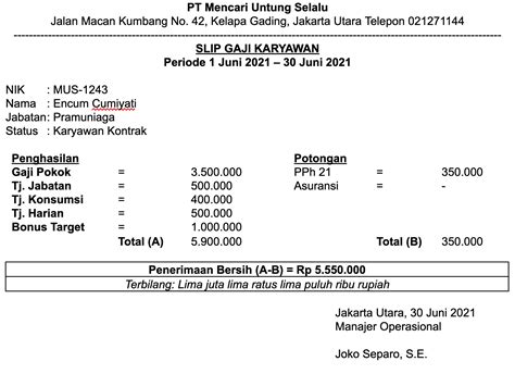 Contoh Slip Gaji Karyawan Toko Loker Pegawai