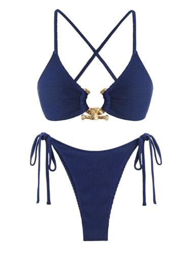 ZAFUL Women S Cutout Bikini Criss Cross Textured Metal High Leg Bikini Sets Cheeky Bikini Two
