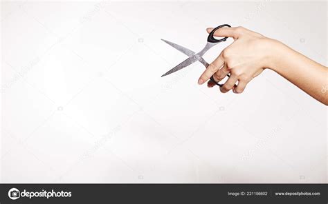 Female Hand Holding Scissors Copy Space Your Text Isolated White Stock