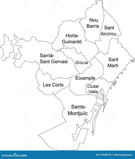 White Map Of Districts Of Barcelona, Spain Vector Illustration