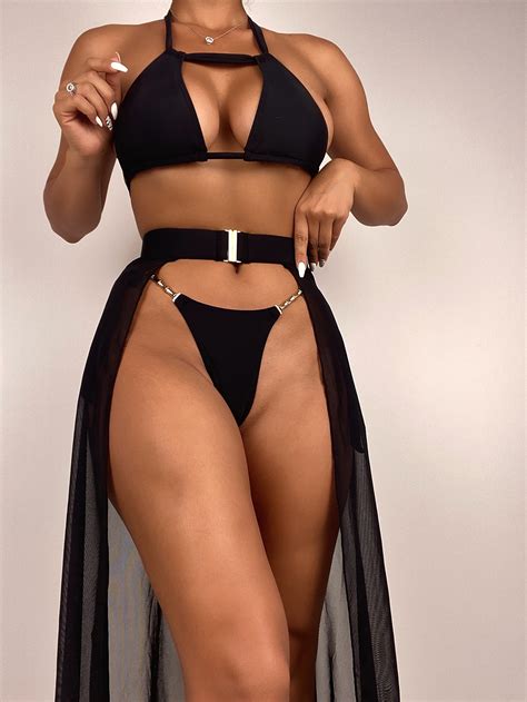 Pack Halter Thong Bikini Swimsuit Beach Skirt