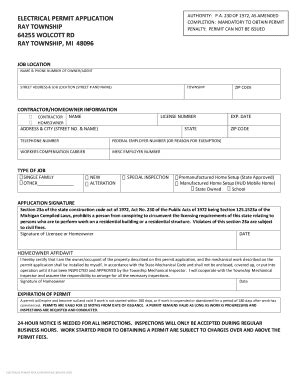 Fillable Online Electrical Permit Application Ray Township 64255