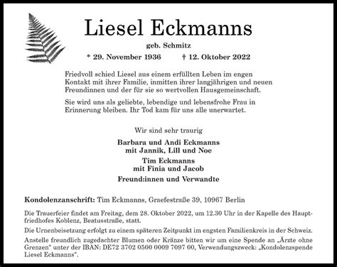 Traueranzeigen Von Liesel Eckmanns Rz Trauer De