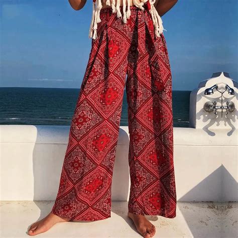 Bohemian Women Wide Leg Pant Casual High Waist Beach Boho Female Pant