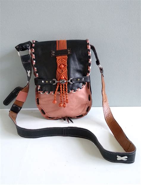 Boho Bag Hippie Chic In Soft Peach And Black Leather