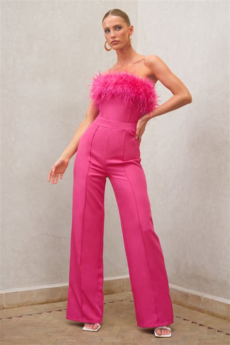 First Class Hot Pink Bandeau Feather Wide Leg Jumpsuit Club L London