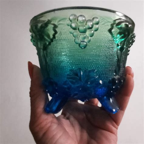 Vintage Green Blue Carnival Glass Footed Candy Dish Bowl Etsy