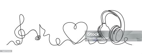 One Line Headphones Continuous Drawing Of Music Gadget And Note Audio Headphone Outline Sketch