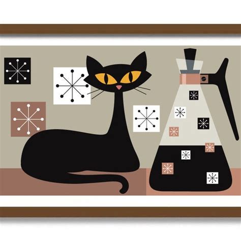 Mid Century Modern Wall Art Black Cat Print Kitchen Wall Art Etsy