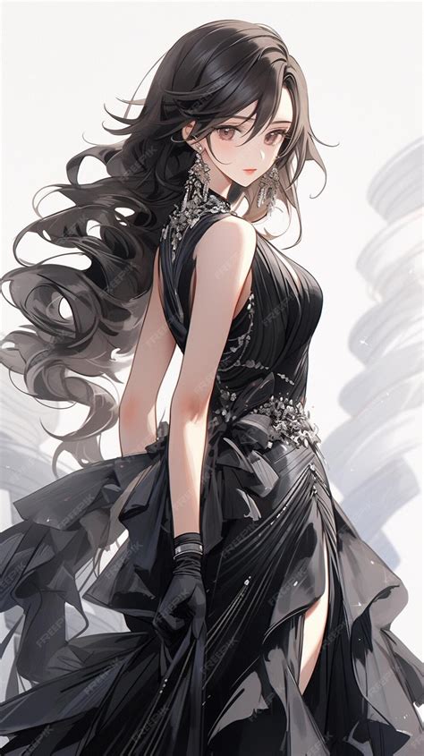 Premium Photo | Anime style image of a woman in a black dress with long