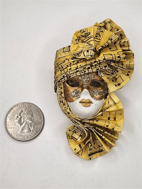 Gorgeous Venetian Music Themed Paper Mache Mask Brooch Pin Handmade