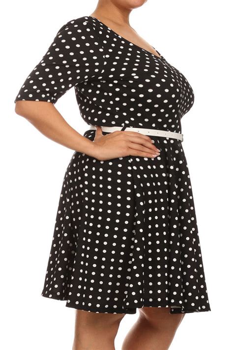 Plus Size Adorable Polka Dot Belted Skater Black Dress Plussizefix