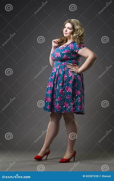 Young Beautiful Blonde Plus Size Model In Dress And Shoes Xxl Woman On