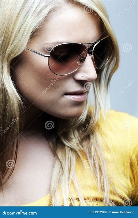 Close Up Portrait Of Blond Woman With Sunglasses Stock Image Image Of