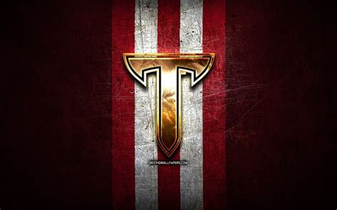 Download wallpapers Troy Trojans, golden logo, NCAA, red metal background, american football ...