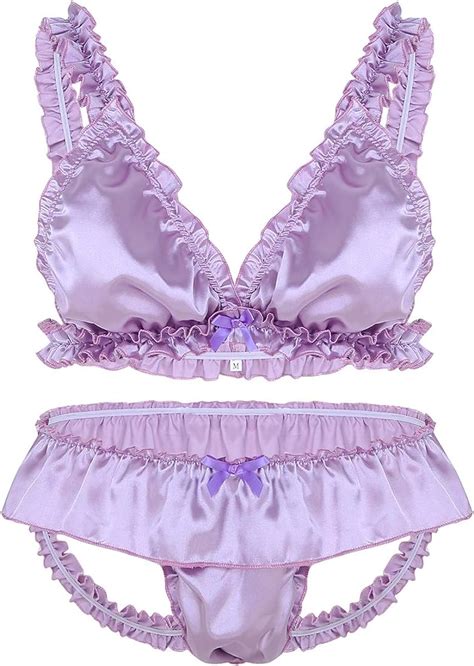 TiaoBug PCS Sissy Men Shiny Satin Frilly Ruffled Bra Tops With Briefs Underwear Lingerie Set