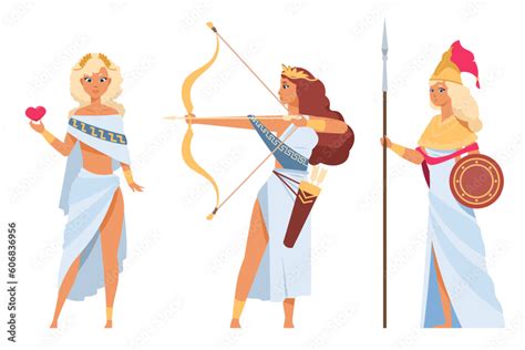 Cartoon Greek gods. Ancient goddesses. Artemis with arrows and bow ...