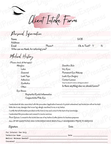 Eyelash Extension Consent Form New Client Intake Form Etsy Australia