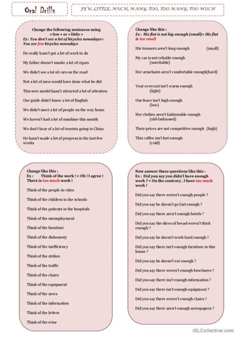 24 FEW or A FEW, LITTLE or A LITTLE English ESL worksheets p…