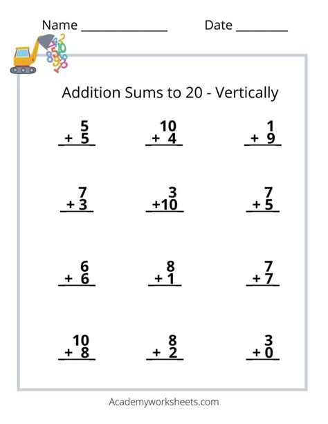 Vertical Addition Sums To 20 Academy Worksheets Addition Worksheets Library