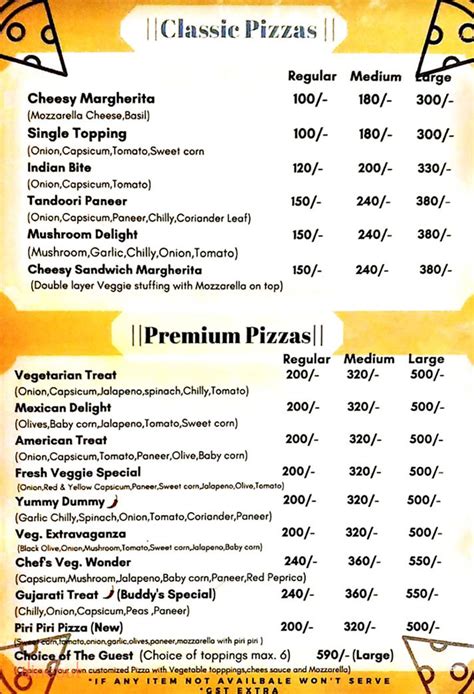 Menu Of Buddys Pizza Navrangpura Ahmedabad Dineout Discovery