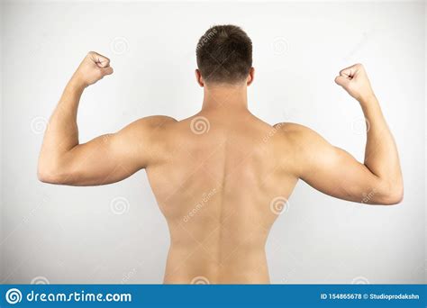Image Of Handsome Fit Man With Naked Torso Showing Muscles Standing Standing Back White Isolated