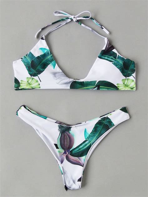 Shop Jungle Print Halter Bikini Set Online SheIn Offers Jungle Print