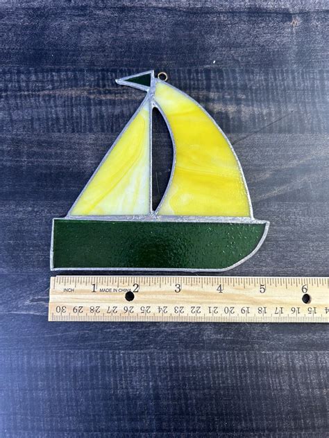 Stained Glass Sailboat Yellow Green 5 X 5 Lake Ocean Sea Nautical