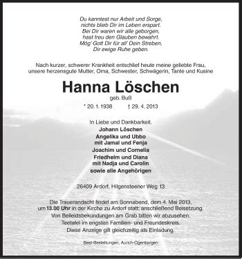 Traueranzeigen von Hanna Löschen nordwest trauer de