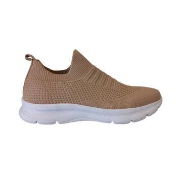 Tênis Feminino Meia Malha Knit Nude Bege Sem Cadarço Confort QR Shoes Slipper Slip On