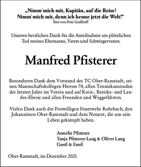 Traueranzeigen Von Manfred Pfisterer Vrm Trauer De