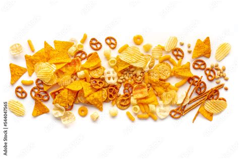 Salty Snacks Texture On A White Background Party Food Mix Potato And