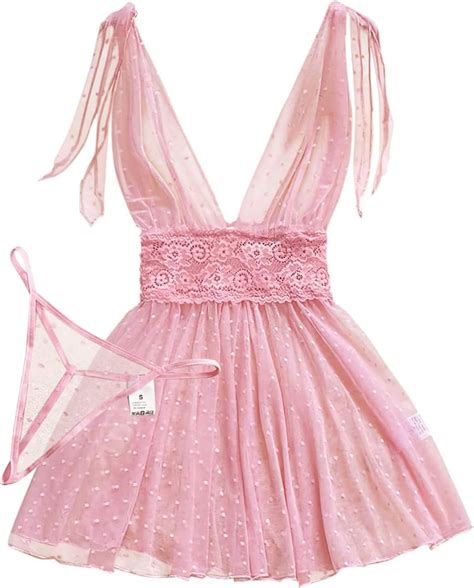 Lilosy Petite Sexy Polka Dots Mesh Sheer Babydoll Chemise Lingerie Set Floral Lace Sleep Wear