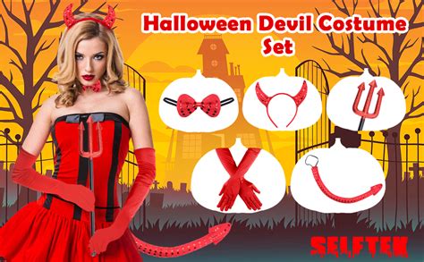 Selftek 5 Pcs Halloween Devil Costume Set Red Devil Horns Headband