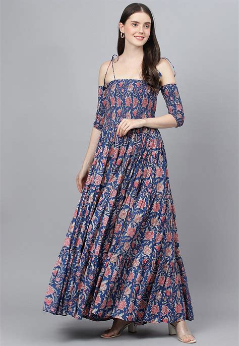 Buy Printed Pure Cotton Tiered Maxi Dress In Navy Blue Online Tkv382