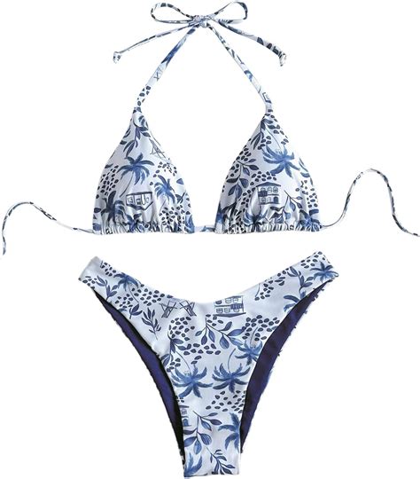 Amazon MakeMeChic Women S Halter Triangle Thong Bikini Sets High Cut Swimsuit Bathing Suit