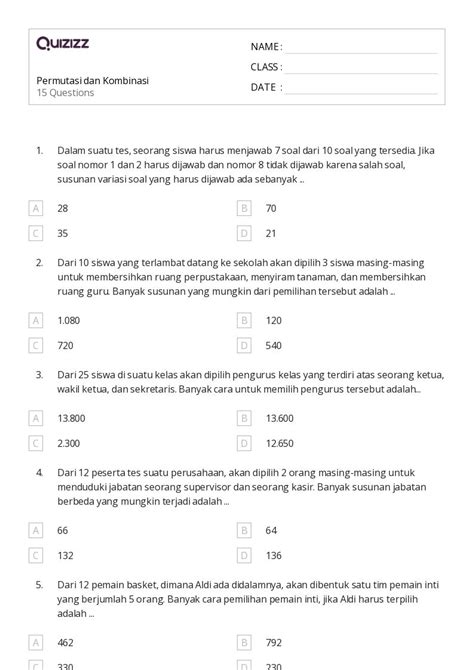 50 Lembar Kerja Permutasi Dan Kombinasi Untuk Kelas 11 Di Quizizz Gratis And Dapat Dicetak