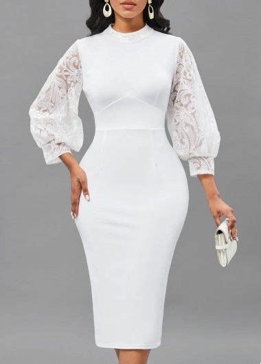 ROTITA Embroidery White Stand Collar Bodycon Dress Long Sleeve Mesh