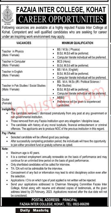 Fazaia Inter College Kohat Job Opportunities