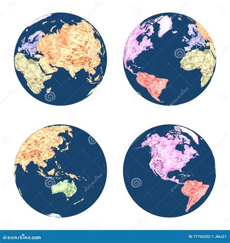 Earth Globes In Polygonal Style Colored By Continents In Different