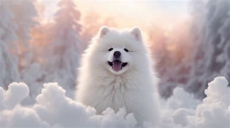 A blissful Samoyed puppy, with its fluffy cloud-like coat, merrily ...