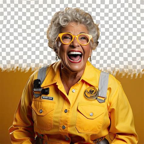 Premium PSD Blonde African American Senior In Machinist Attire Playful Laughter On Lemon