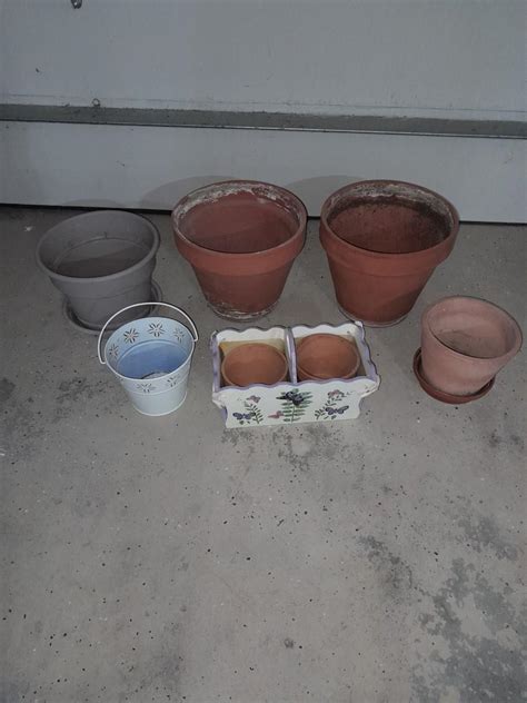 Terracotta Plant / flower pots one plastic pot, metal decorative bucket ...